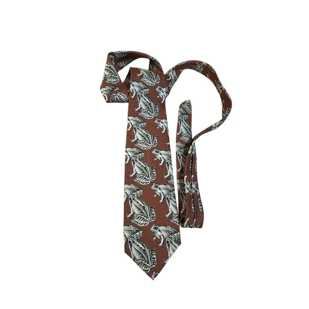 Talbot Studio Frog Print Silk Necktie Brown‎ Green Men's Fashion Accessory